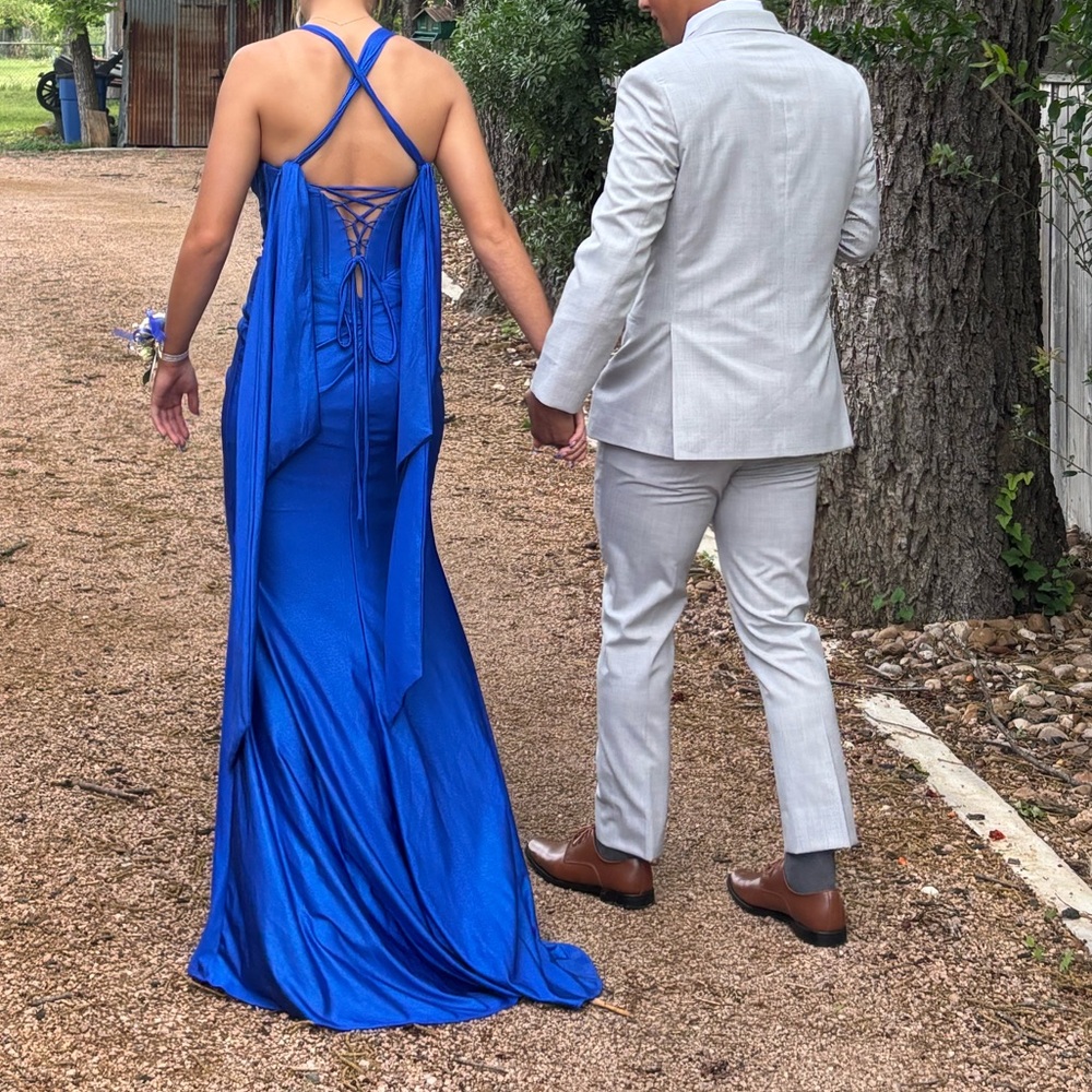 Elegant Long Blue Satan Prom Dress